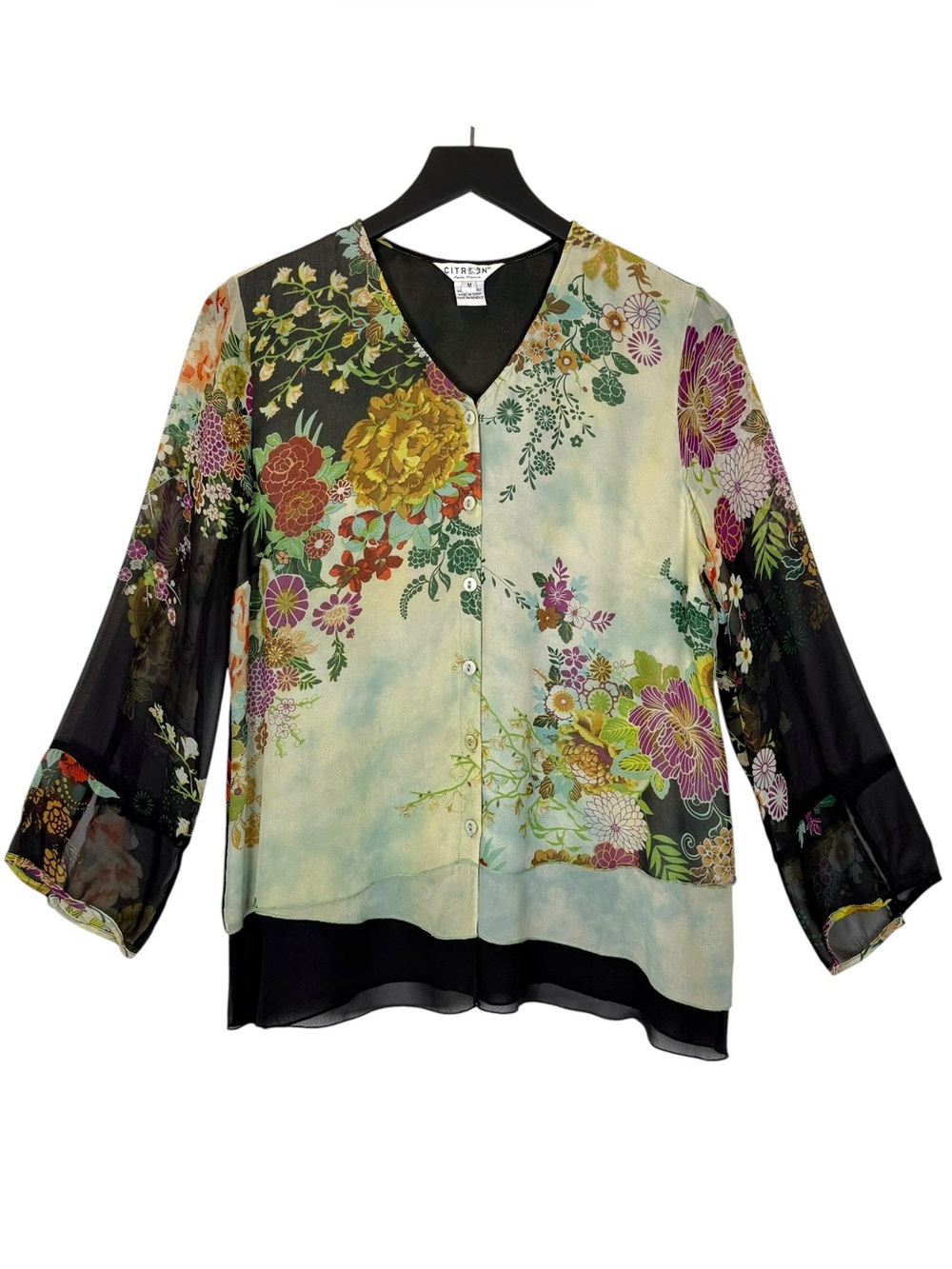 Citron Santa Monica Size M 100% Silk Floral Layered Button Front Blouse